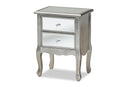 Jaclyn French Brushed Silver and Mirrored Glass 2-Drawer End Table Baxton