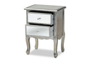 Jaclyn French Brushed Silver and Mirrored Glass 2-Drawer End Table Baxton