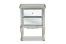 Jaclyn French Brushed Silver and Mirrored Glass 2-Drawer End Table Baxton