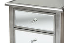 Jaclyn French Brushed Silver and Mirrored Glass 2-Drawer End Table Baxton