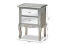 Jaclyn French Brushed Silver and Mirrored Glass 2-Drawer End Table Baxton