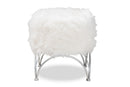 Overton White Faux Fur Upholstered Silver Metal Ottoman Baxton