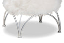 Overton White Faux Fur Upholstered Silver Metal Ottoman Baxton