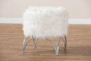 Overton White Faux Fur Upholstered Silver Metal Ottoman Baxton
