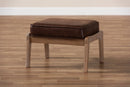 Jonesy Dark Brown Faux Leather Effect Fabric Upholstered Antique Oak Ottoman Baxton