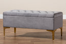 Ayu Gray Velvet Fabric Upholstered Gold Finished Button Tufted Storage Ottoman Baxton