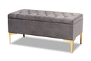 Ayu Gray Velvet Fabric Upholstered Gold Finished Button Tufted Storage Ottoman Baxton
