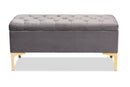 Ayu Gray Velvet Fabric Upholstered Gold Finished Button Tufted Storage Ottoman Baxton