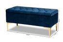 Ayu Navy Blue Velvet Fabric Gold Finished Button Tufted Storage Ottoman Baxton