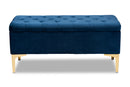 Ayu Navy Blue Velvet Fabric Gold Finished Button Tufted Storage Ottoman Baxton