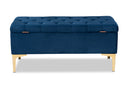 Ayu Navy Blue Velvet Fabric Gold Finished Button Tufted Storage Ottoman Baxton