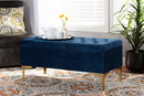 Ayu Navy Blue Velvet Fabric Gold Finished Button Tufted Storage Ottoman Baxton