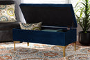 Ayu Navy Blue Velvet Fabric Gold Finished Button Tufted Storage Ottoman Baxton