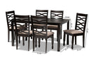 Maliyah Sand Fabric Upholstered Dark Brown 7-Piece Dining Set Baxton