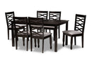 Maliyah Gray Fabric Upholstered and Dark Brown 7-Piece Dining Set Baxton