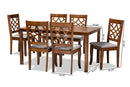 Meike Gray Fabric Upholstered and Walnut Brown 7-Piece Dining Set Baxton