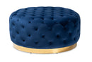 Arielle Royal Blue Velvet Fabric Gold Finished Round Cocktail Ottoman Baxton