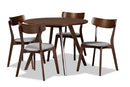 Soleil Light Gray Fabric Upholstered and Walnut Brown 5-Piece Dining Set Baxton