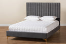 Tristan Gray Velvet Fabric Gold Metal Full Size Platform Bed Baxton