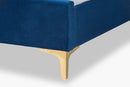 Tristan Navy Blue Velvet Fabric Gold Metal King Size Platform Bed Baxton