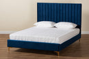 Tristan Navy Blue Velvet Fabric Gold Metal King Size Platform Bed Baxton