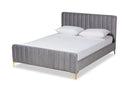 Lafoy Light Gray Velvet Fabric Gold Finished King Size Platform Bed Baxton