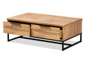 Irene Oak Brown and Black Finished Metal 2-Drawer Coffee Table Baxton