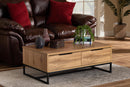 Irene Oak Brown and Black Finished Metal 2-Drawer Coffee Table Baxton
