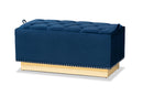 Lennon Navy Blue Velvet Fabric Upholstered and Gold PU Leather Storage Ottoman Baxton