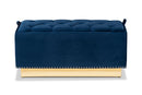 Lennon Navy Blue Velvet Fabric Upholstered and Gold PU Leather Storage Ottoman Baxton