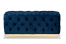 Carra Navy Blue Velvet Fabric Upholstered and Gold PU Leather Ottoman Baxton