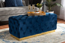 Carra Navy Blue Velvet Fabric Upholstered and Gold PU Leather Ottoman Baxton