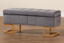 Carville Gray Velvet Fabric Upholstered and Gold Finished Metal Storage Ottoman Baxton