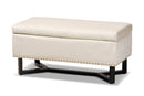 Barrington Beige Velvet Fabric Upholstered and Dark Brown Storage Ottoman Baxton