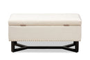 Barrington Beige Velvet Fabric Upholstered and Dark Brown Storage Ottoman Baxton