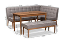 Yara Gray Fabric Upholstered and Walnut Brown 4Pc Dining Nook Set Baxton