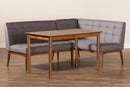 Yara Gray Fabric Upholstered and Walnut Brown 3-Piece Dining Nook Set Baxton