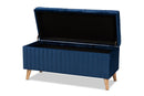 Clairette Navy Blue Velvet Fabric Upholstered and Walnut Brown Storage Ottoman Baxton
