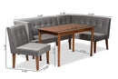 Dorina Gray Velvet Upholstered and Walnut Brown 4Pc Dining Nook Set Baxton