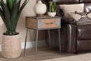 Dennis Antique Gray Finished Metal and Whitewashed Oak Brown 1-Drawer End Table Baxton
