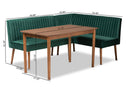 Freda Emerald Green Velvet Upholstered and Walnut Brown 3-Piece Dining Nook Set Baxton