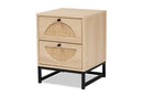 Agni Bohemian Light Brown and Black Metal 2-Drawer End Table w/Natural Rattan Baxton