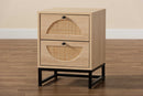 Agni Bohemian Light Brown and Black Metal 2-Drawer End Table w/Natural Rattan Baxton