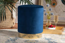 Raya Navy Blue Velvet Fabric Upholstered and Gold Finished Metal Ottoman Baxton
