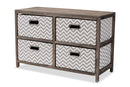 Roxy Gray and White Fabric Upholstered Greywashed Wood 4-Basket Storage Unit Baxton