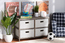 Roxy Gray and White Fabric Upholstered Greywashed Wood 4-Basket Storage Unit Baxton