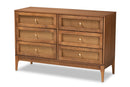 Nikita Ash Walnut and Rattan 6-Drawer Dresser Baxton