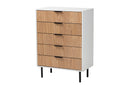 Tara Two-Tone White and Natural Brown Black Metal 5-Drawer Storage Cabinet Baxton