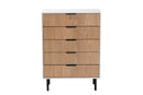 Tara Two-Tone White and Natural Brown Black Metal 5-Drawer Storage Cabinet Baxton