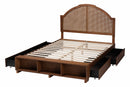 Walker Walnut Brown Wood and Rattan King Size Storage Bed Baxton
